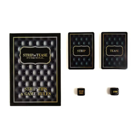 CCSTRIPx3jpg Black and gold party game set for 'Strip Tease' with a covered box, two cards labeled 'STRIP' and 'TEASE', and two small cubes reading 'BELOW WAIST' and 'STRIP' juxtaposed on a white background.