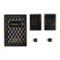 Black and gold party game set for 'Strip Tease' with a covered box, two cards labeled 'STRIP' and 'TEASE', and two small cubes reading 'BELOW WAIST' and 'STRIP' juxtaposed on a white background.