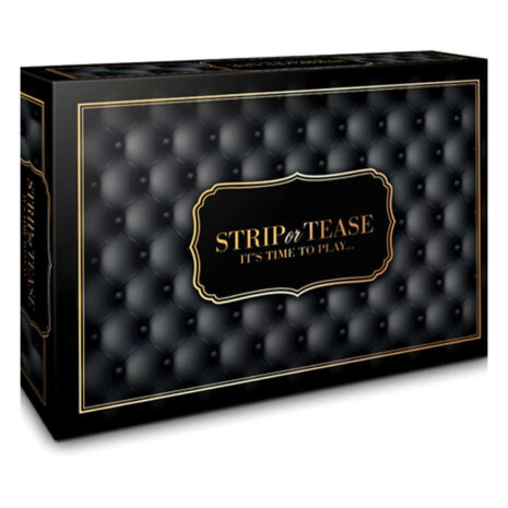 CCSTRIPx4jpg Black box packaging with gold trim and tufted pattern, reading 'STRIP or TEASE IT'S TIME TO PLAY' on a central label