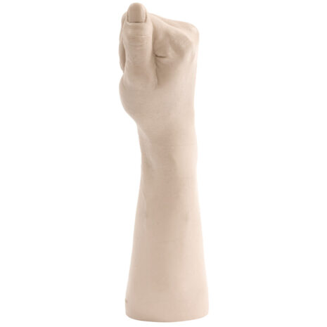 DJ-5079-03-2x3jpg Beige mannequin forearm with a clenched fist raised upright against a white background