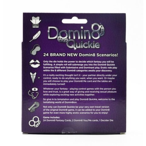 DOMIN8CGx4jpg Purple Domino8 Quickie game box advertising 24 new scenarios, with icons along the left edge and descriptive text on the back.