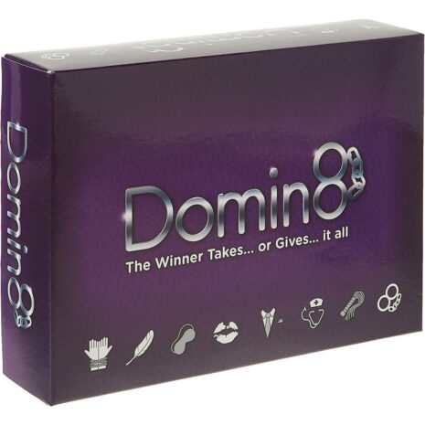 DOMIN8x3jpg Purple Domino game box with silver 'Domino8' logo and slogan; small icons along the bottom edge.