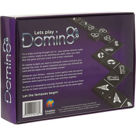 DOMIN8x4jpg Purple Domino8 game box with stacked tiles on a diagonal path and 'Let's play Domino8' text on the front, branding at bottom.