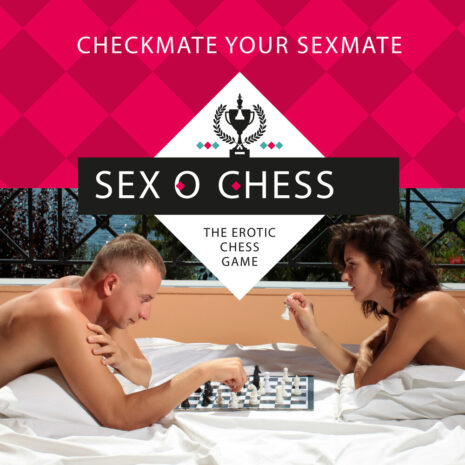 Two adults lie in bed playing chess, with a bold promotional banner that reads Sex O Chess above them.