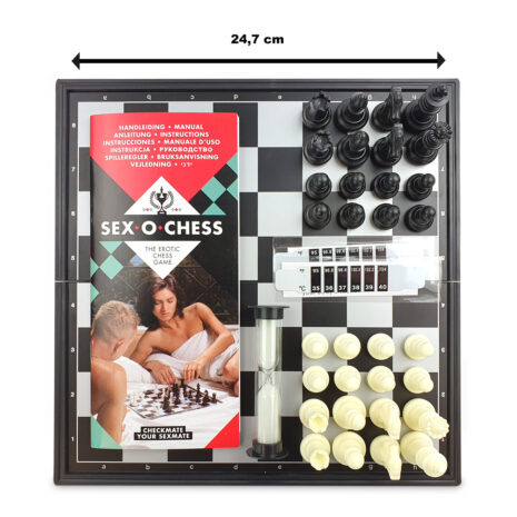 E30563x2jpg Sex Chess game set on a chessboard with a red instruction booklet titled 'SEX CHESS', timer, and cream-colored game pieces on the right.