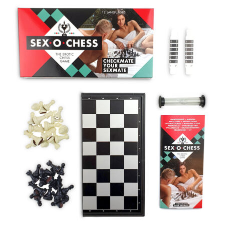 E30563x3jpg Sex-O-Chess erotic chess game set with board, white and black pieces, timer, instruction booklet, and game box cover.