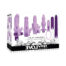 Lilac Desires 7-piece silicone vibrator kit in a white box, featuring wands and shapes in pastel purple, labeled rechargeable silicone kit.