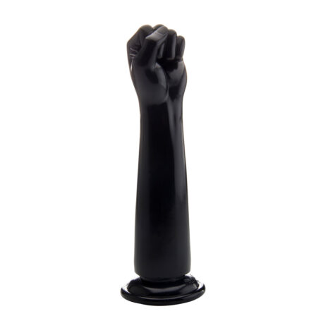 FST005BLKx1jpg Glossy black silicone fist-shaped sex toy on a circular base.