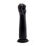 Glossy black silicone fist-shaped sex toy on a circular base.