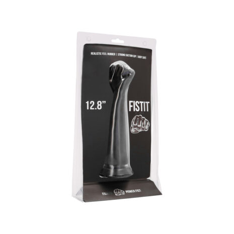 FST005BLKx2jpg Packaging for a 12.8-inch black silicone fist sex toy labeled FISTIT in clear blister packaging.