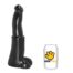 Black dildo standing upright beside a white can with a yellow paw print logo and the text Anim Hole.
