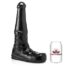 Black boot-shaped sex toy on a white background with a soda can for scale.