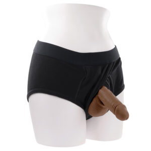 Mannequin torso wearing black boxer briefs with a brown dildo protruding from the front.