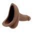 Brown silicone sex toy shaped like a penis with a hollow shaft opening at the tip, viewed from an angle.
