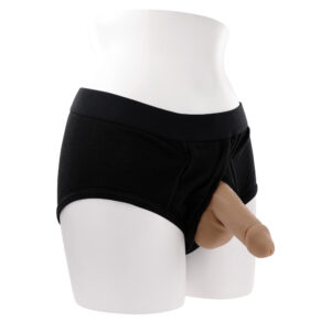 Black men's boxer briefs with an integrated realistic penis prosthetic on a mannequin.