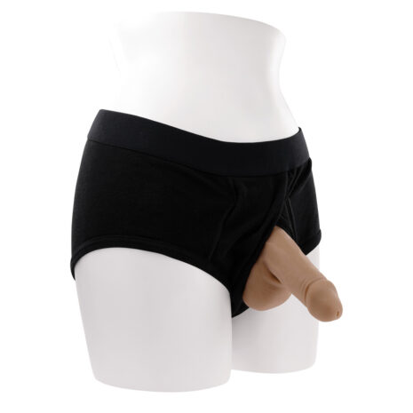 Black men's boxer briefs with an integrated realistic penis prosthetic on a mannequin.