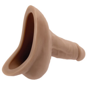 Hollow, flesh-colored silicone sex toy shaped like a penis with a wide open cavity at the tip for internal stimulation.