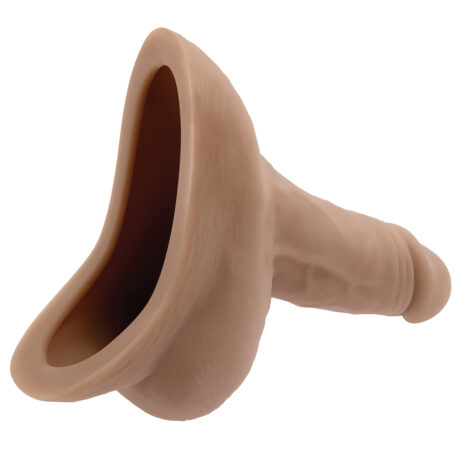 GX-SP-2895-2x2jpg Hollow, flesh-colored silicone sex toy shaped like a penis with a wide open cavity at the tip for internal stimulation.