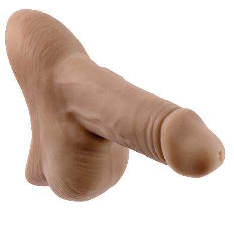 GX-SP-2895-2x3jpg Brown silicone dildo with a rounded head and textured shaft, shown from the side on a white background.