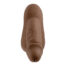 Brown realistic dildo viewed from the end, showing a wrinkled shaft and a small slit at the tip.