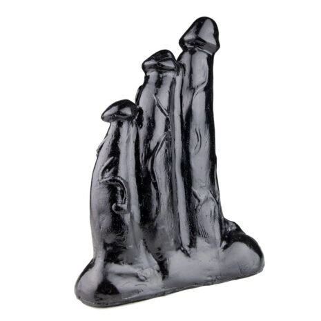 Glossy black sculpture featuring several finger-like columns rising from a base.