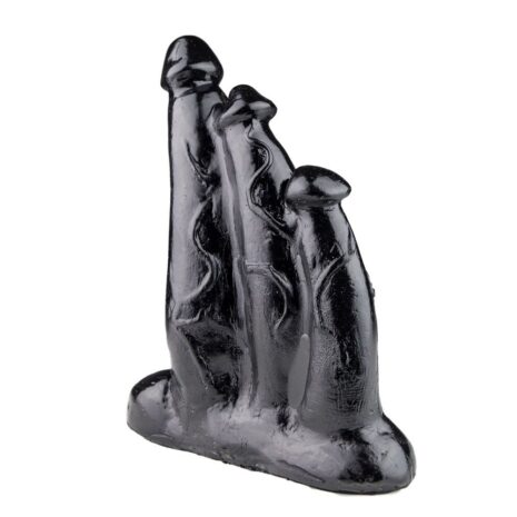 HB06x2jpg Black silicone sex toy with three finger-like shafts standing upright from a rounded base.