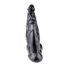 Black silicone dildo standing upright, an adult sex toy, on a white background.