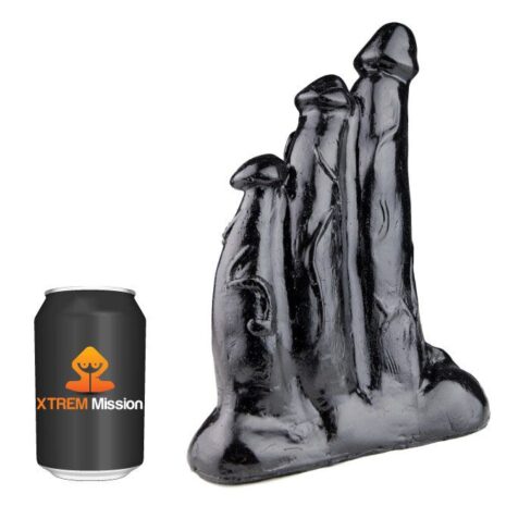 HB06x4jpg Black silicone dildo standing upright beside a soda can for scale.