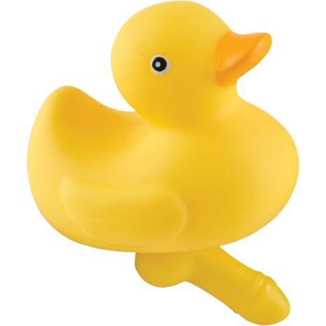 HH39x1jpg Yellow rubber duck bath toy with orange beak and black eye detail.