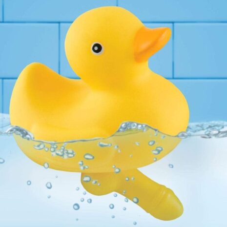 HH39x2jpg Yellow rubber duck toy floating in water against a blue tiled background.