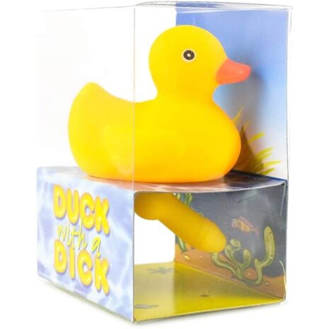 HH39x3jpg Yellow rubber duck inside a clear display case, with blue base and the side panel reading 'Duck with a Dick' in bold letters.
