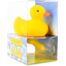 Yellow rubber duck inside a clear display case, with blue base and the side panel reading 'Duck with a Dick' in bold letters.