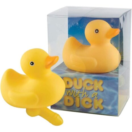 HH39x4jpg Yellow rubber duck with orange beak sits in front of its clear box; packaging reads 'Duck with a Dick'.