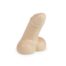 Beige silicone dildo with curved shaft and rounded head on a white background.