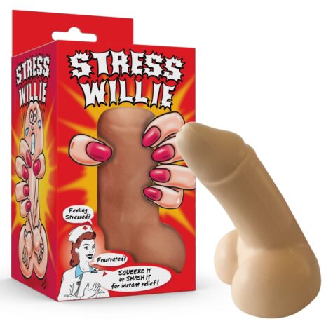 HH67x3jpg Red toy packaging for a penis vibrator with a large flesh-colored dildo protruding from the box; box features bold cartoon text 'THE WILLY' and playful artwork.