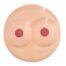 Flesh-colored silicone breast prosthesis with two rounded cups and pink nipple centers, viewed from above