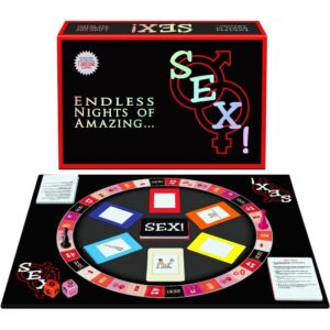 Adult-themed board game titled SEX! with a circular game board and colorful cards on a black playing surface.