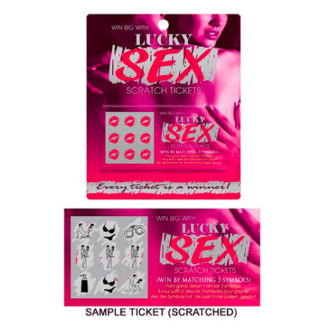 Pink 'Lucky Sex' scratch tickets packaging, showing the main ticket design and a small sample ticket with scratch areas.