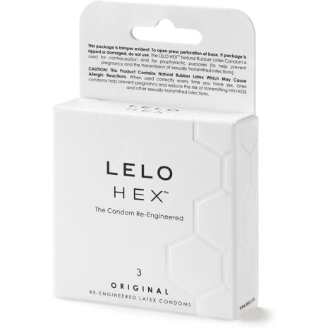 LELO2470x1jpg Box of LELO HEX original latex condoms, 3-count packaging with hexagon design visible on side