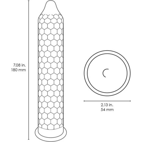 LELO2470x3jpg Long, honeycomb-textured dildo with rounded tip and flared base; 7.08 in (180 mm) long, 2.13 in (54 mm) diameter.
