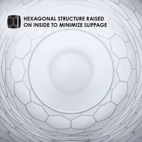 LELO2470x4jpg Close-up of a white interior surface with a raised hexagonal pattern and a bold text overlay: 'Hexagonal structure raised on inside to minimize slippage'