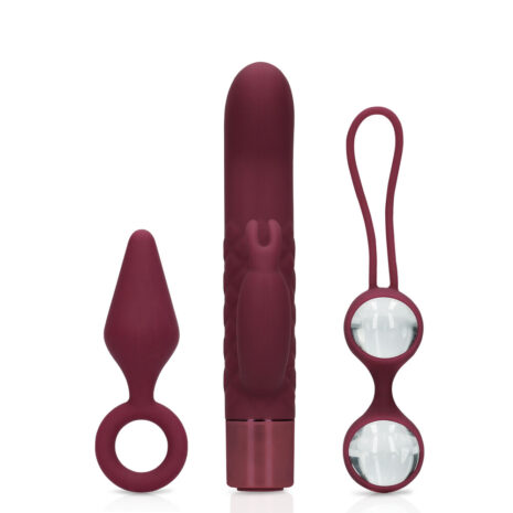 LOVE045x1jpg Set of three burgundy sex toys: a tapered silicone butt plug on the left, a large ribbed vibrator in the center, and a double-ball anal beads toy with a looped handle on the right.