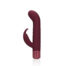 Maroon silicone vibrator with a curved shaft and external stimulator on the side, standing upright.