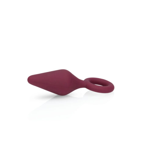 LOVE045x3jpg Burgundy silicone anal plug with a flared tapered tip and a circular handle on a white background.