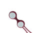 Close-up of a red dual-disc massager with two white circular massage pads connected by a curved bridge, with cables extending from the bottom.