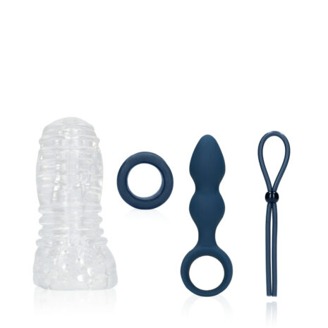LOVE047x1jpg Assorted sex toys: a clear textured sleeve, a blue silicone ring, a blue anal plug with a flared base, and a blue retrieval loop.