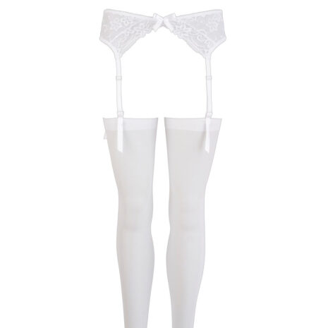 MM1919x3jpg White lace garter belt with adjustable straps and matching white thigh-high stockings laid flat.