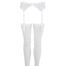 White lace garter belt with adjustable straps and matching white thigh-high stockings laid flat.