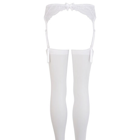 MM1919x4jpg White lace garter belt with attached white thigh-high stockings and small bows, bridal lingerie set (front view).