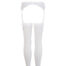 White lace garter belt with attached white thigh-high stockings and small bows, bridal lingerie set (front view).